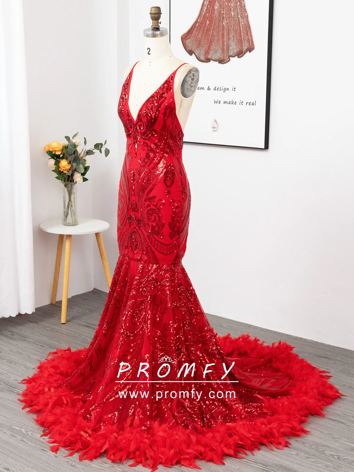 V neck red sequin and feather train prom dress V neck red sequin and feather train prom dress