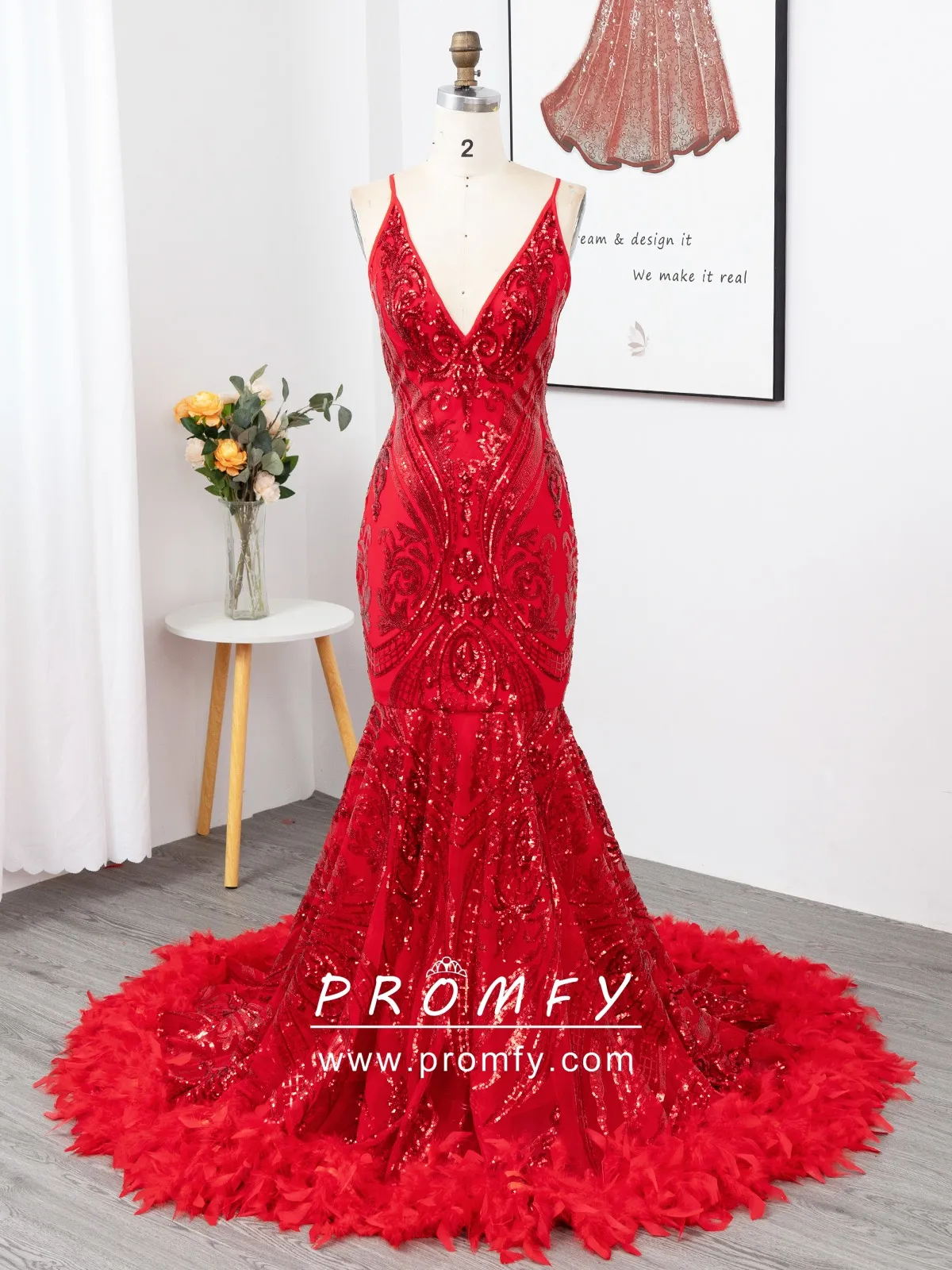 abstract pattern red sequin and feather V neck prom dress abstract pattern red sequin and feather V neck prom dress