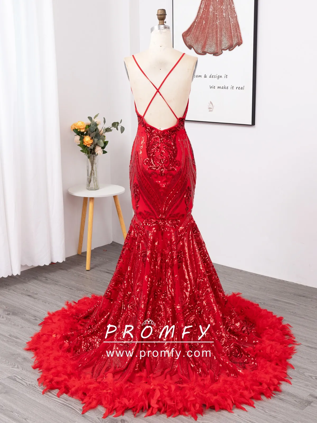 spaghetti strap low back red sequin and feather prom dress spaghetti strap low back red sequin and feather prom dress