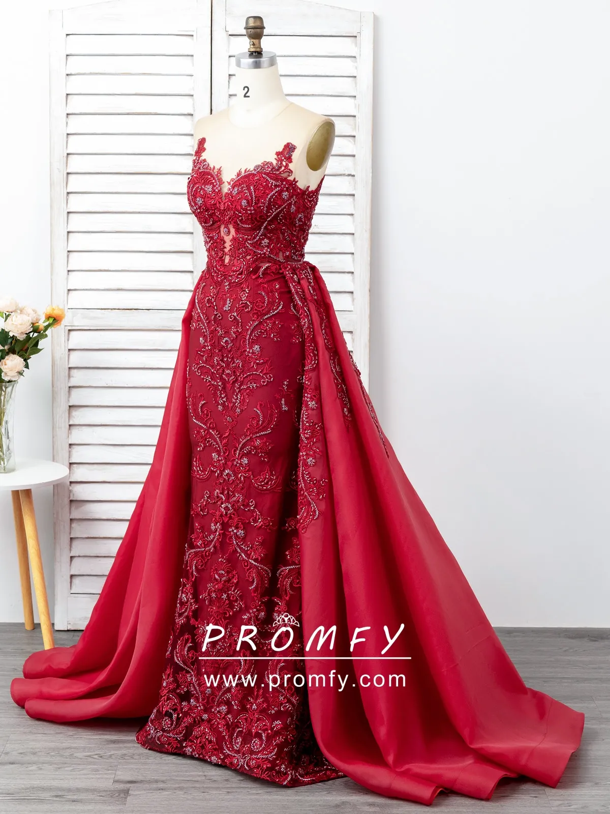 beaded wine lace long prom dress with a floor length overskirt beaded wine lace long prom dress with a floor length overskirt