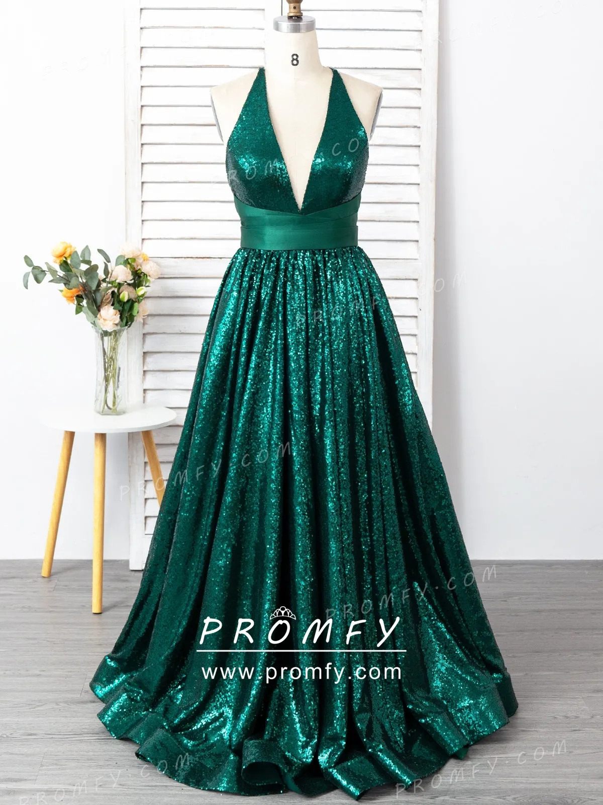 shiny emerald sequin glitter deep V neck prom gown shiny emerald sequin glitter deep V neck prom gown