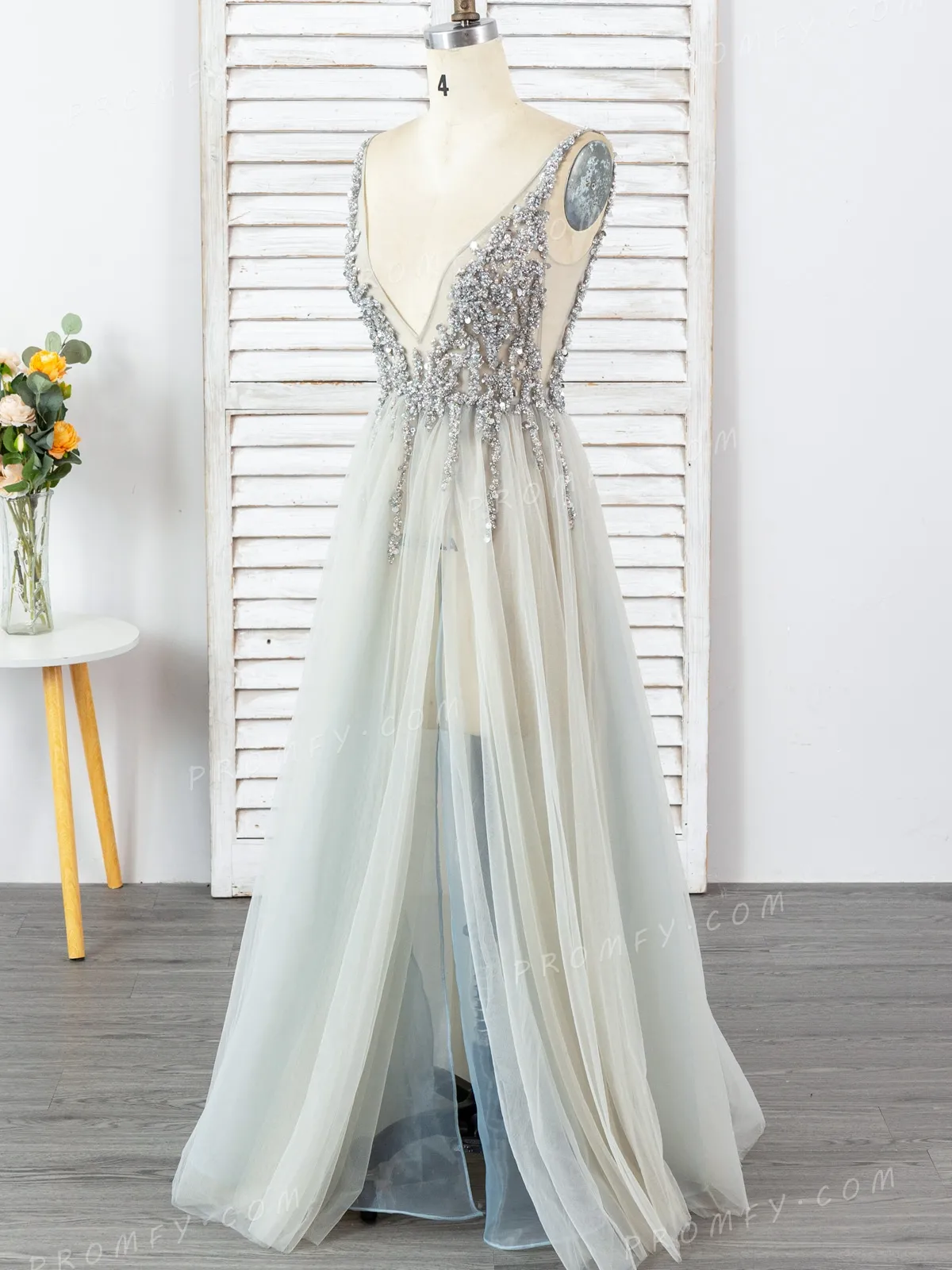 beaded deep V gray tulle slit long dress beaded deep V gray tulle slit long dress