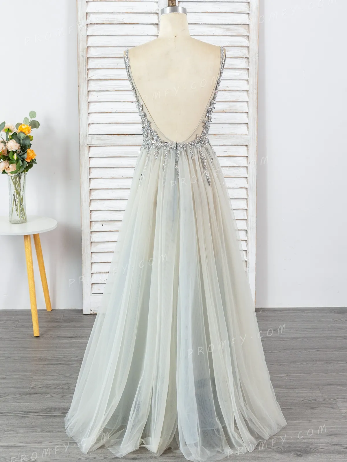 beaded low back gray tulle long dress beaded low back gray tulle long dress
