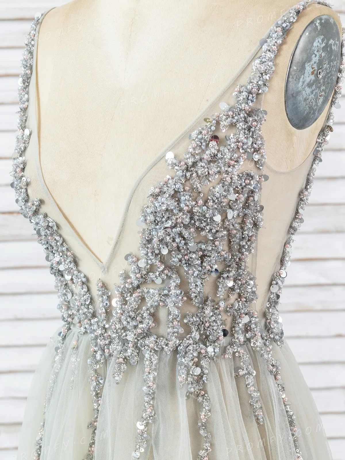 beaded plunging V neckline beaded plunging V neckline