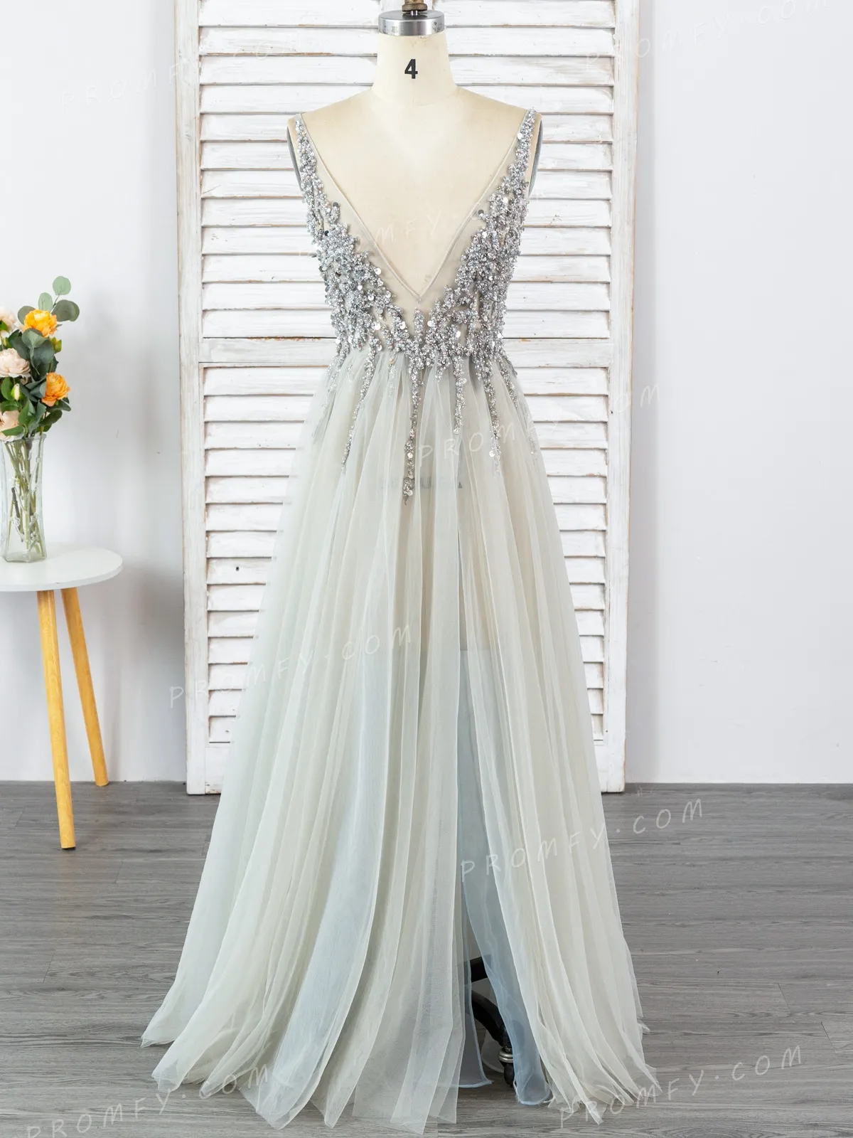 beaded smoky gray tulle sexy plunging neck long dress beaded smoky gray tulle sexy plunging neck long dress