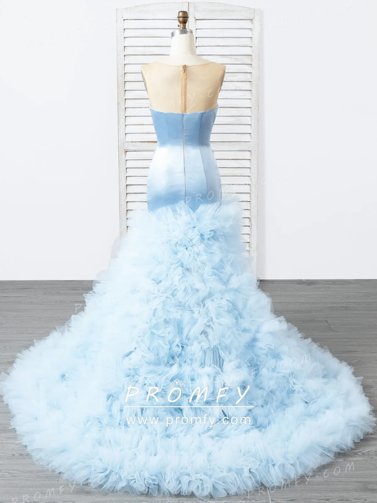 sky blue ruffled tulle mermaid prom dress sky blue ruffled tulle mermaid prom dress