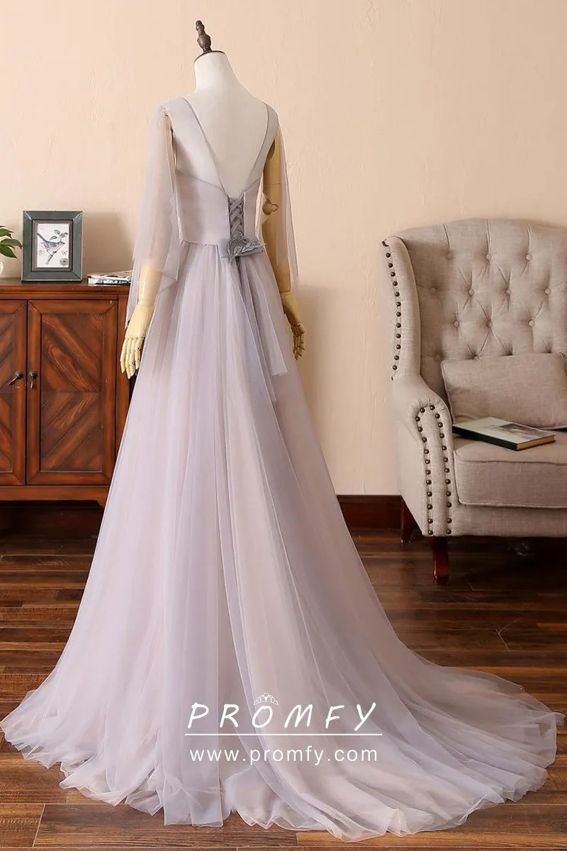sheer open sleeves lilac tulle prom dress with medium train sheer open sleeves lilac tulle prom dress with medium train