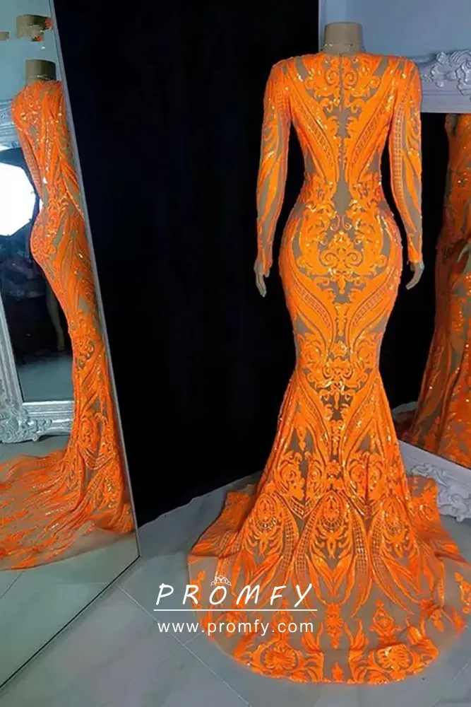 sparkly orange sequin closed back mermaid African American prom gown sparkly orange sequin closed back mermaid African American prom gown