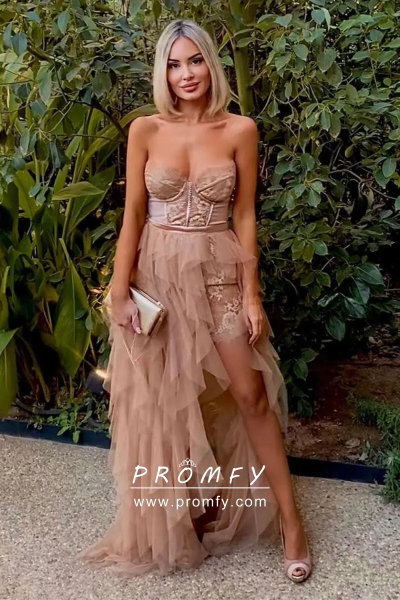 dust pink lace bustier flounced long party dress with slit dust pink lace bustier flounced long party dress with slit