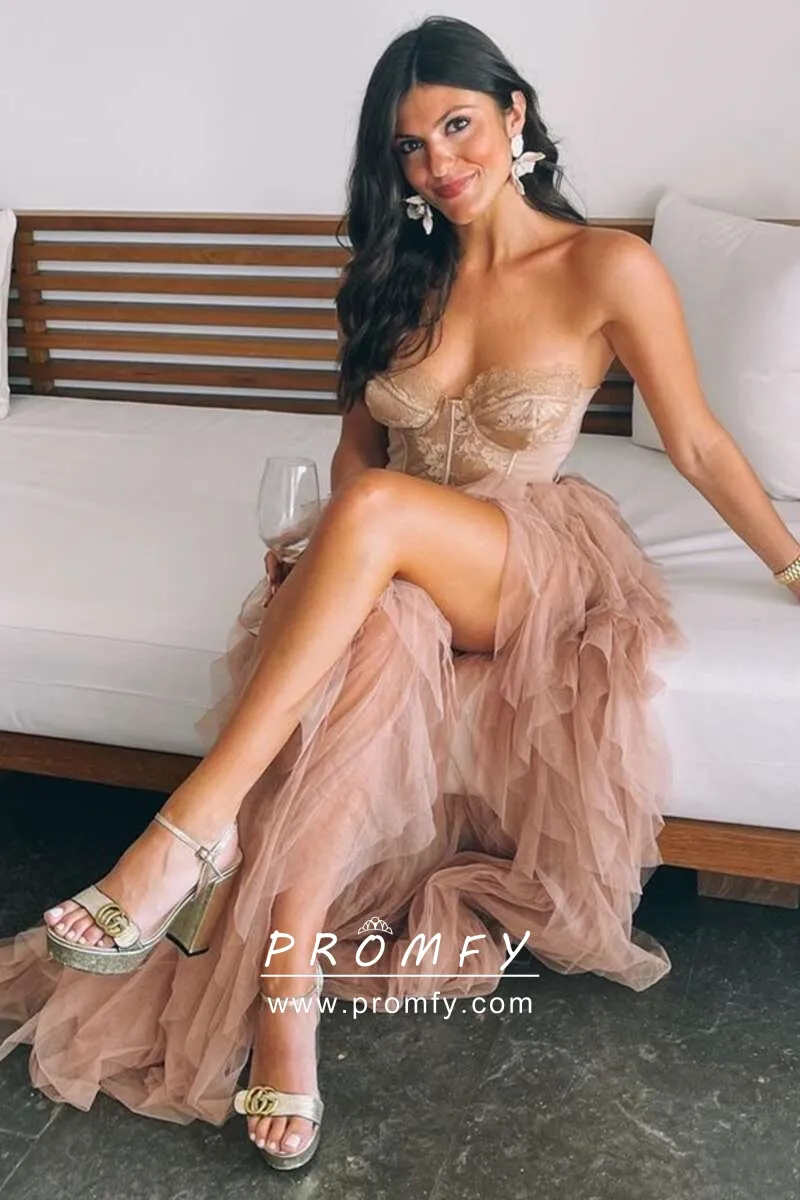 dusty pink lace bustier flounced long prom dress with slit dusty pink lace bustier flounced long prom dress with slit