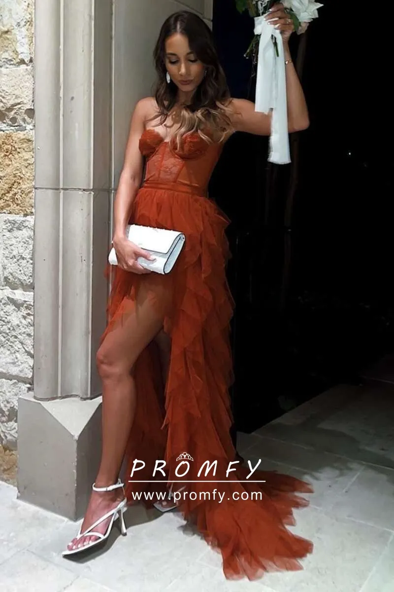 rust lace bustier flounced long birthday party dress with slit rust lace bustier flounced long birthday party dress with slit