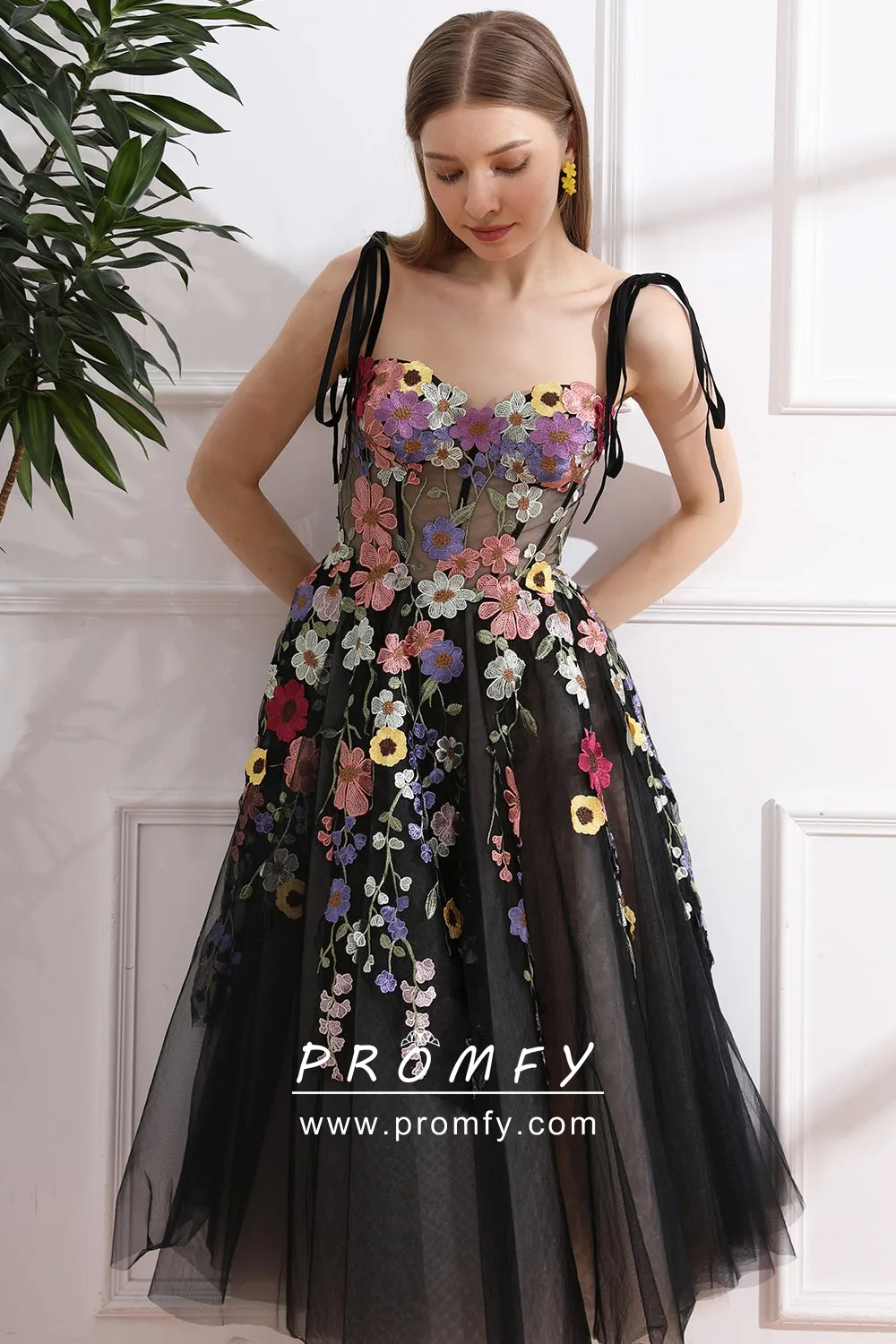 colorful floral lace tie straps corset black party dress colorful floral lace tie straps corset black party dress