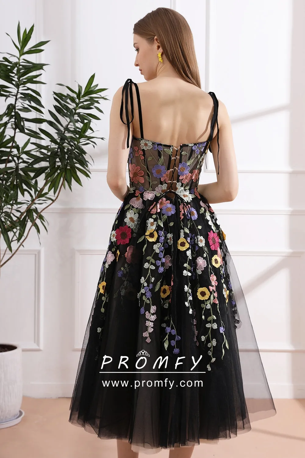 colorful floral lace tie straps corset black party dress colorful floral lace tie straps corset black party dress