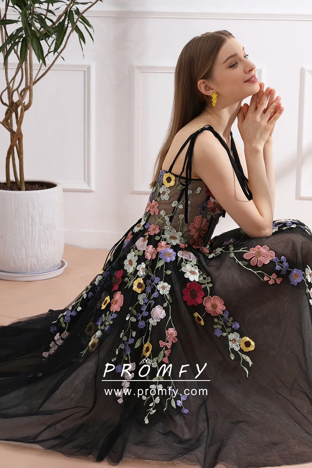 colorful floral lace tie straps corset black prom dress colorful floral lace tie straps corset black prom dress