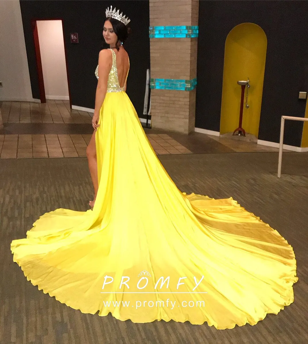 beaded yellow satin high split long train pageant dress beaded yellow satin high split long train pageant dress
