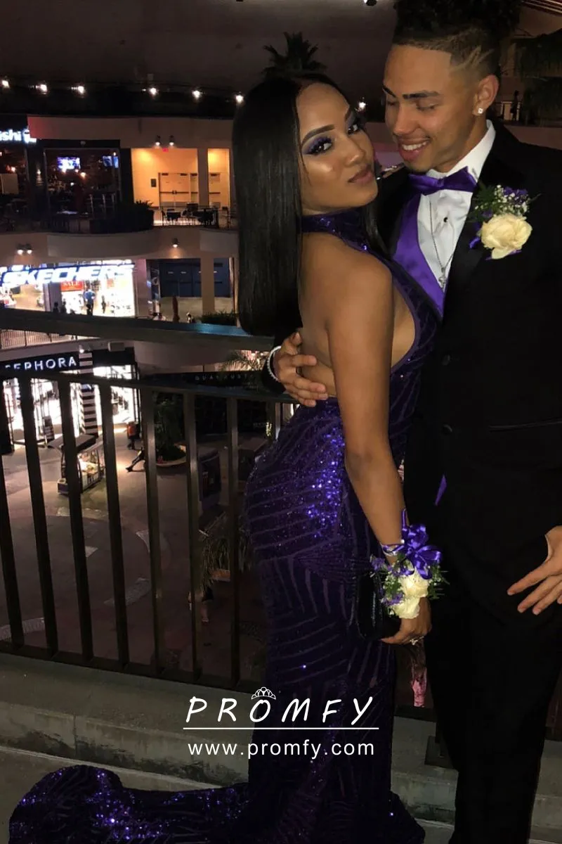 grape sequin halter mermaid African American prom dress grape sequin halter mermaid African American prom dress