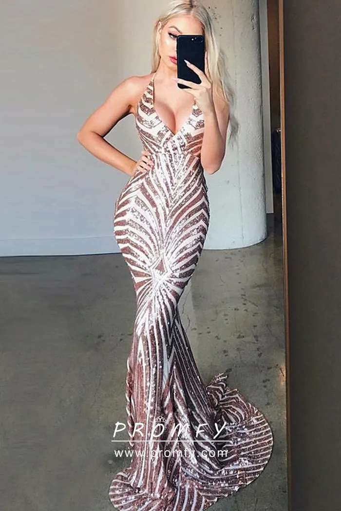 Sparky gold striated sequin plunging V neckline floor length long mermaid evening prom dress Sparky gold striated sequin plunging V neckline floor length long mermaid evening prom dress