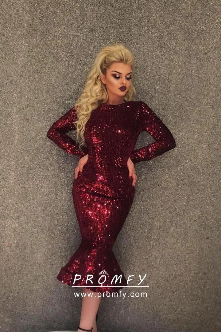 wine sequin fancy long sleeve tea length mermaid prom dress wine sequin fancy long sleeve tea length mermaid prom dress