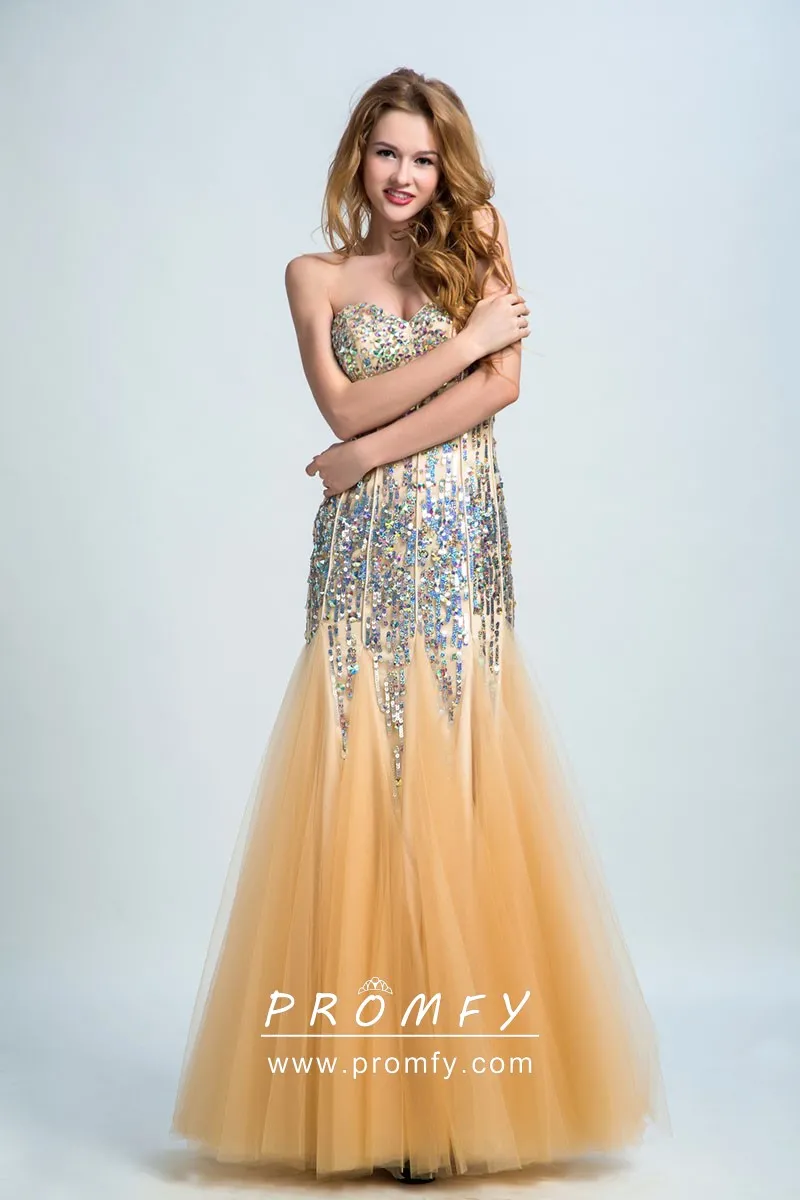 Sparkly multi color rhinestones sequins gold tulle prom gown Sparkly multi color rhinestones sequins gold tulle prom gown