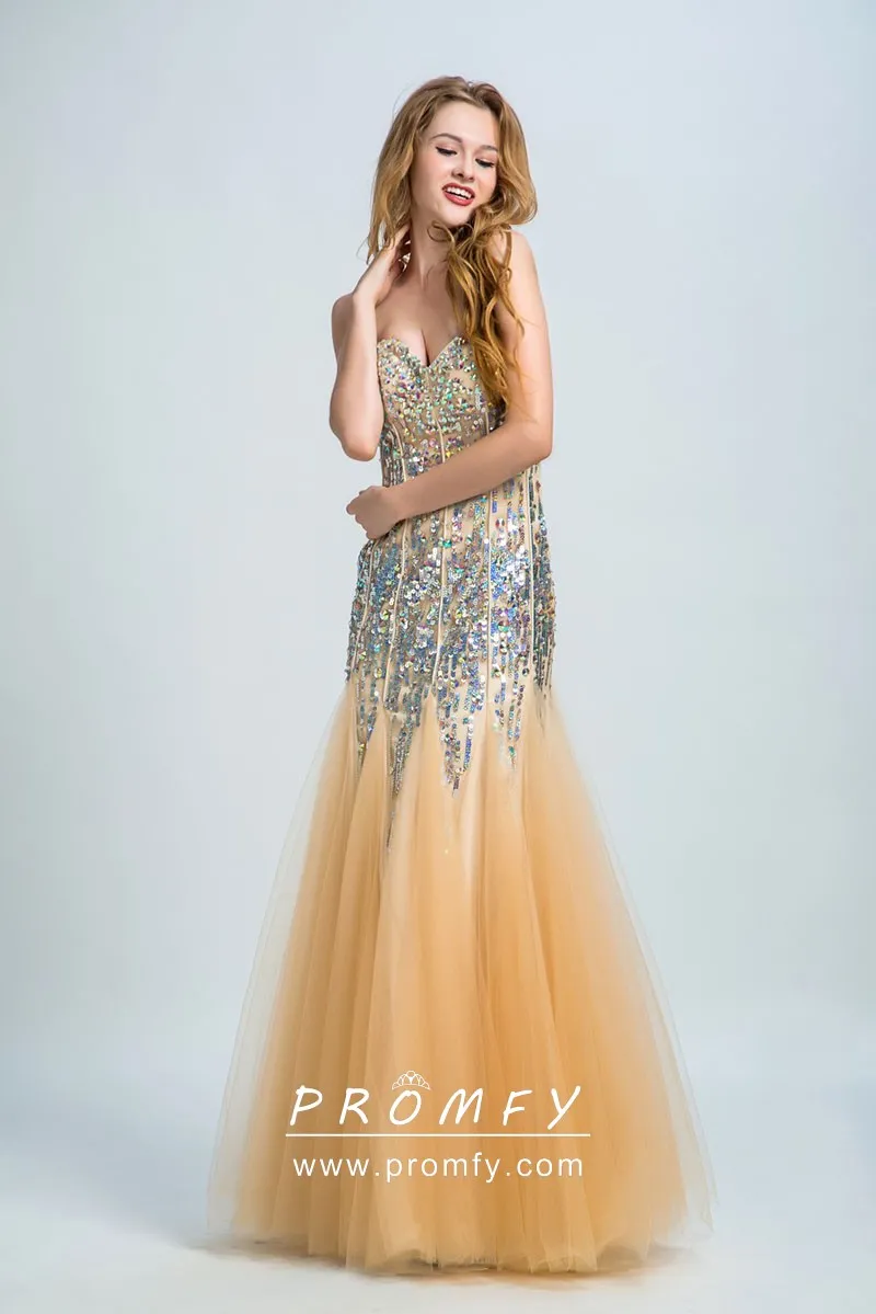 multi color rhinestones sequins gold tulle trumpet long prom gown multi color rhinestones sequins gold tulle trumpet long prom gown