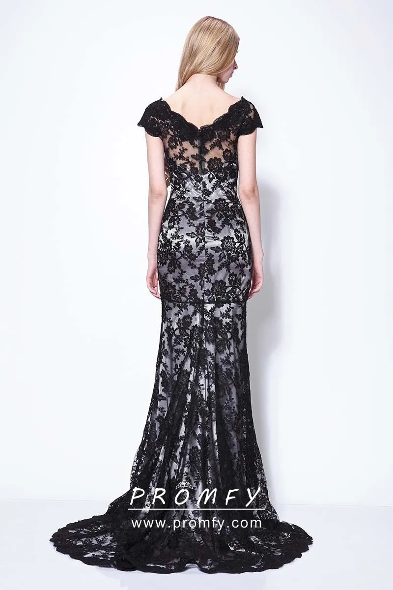 Stacy Keibler black lace overlay cap sleeves trumpet formal gown Stacy Keibler black lace overlay cap sleeves trumpet formal gown