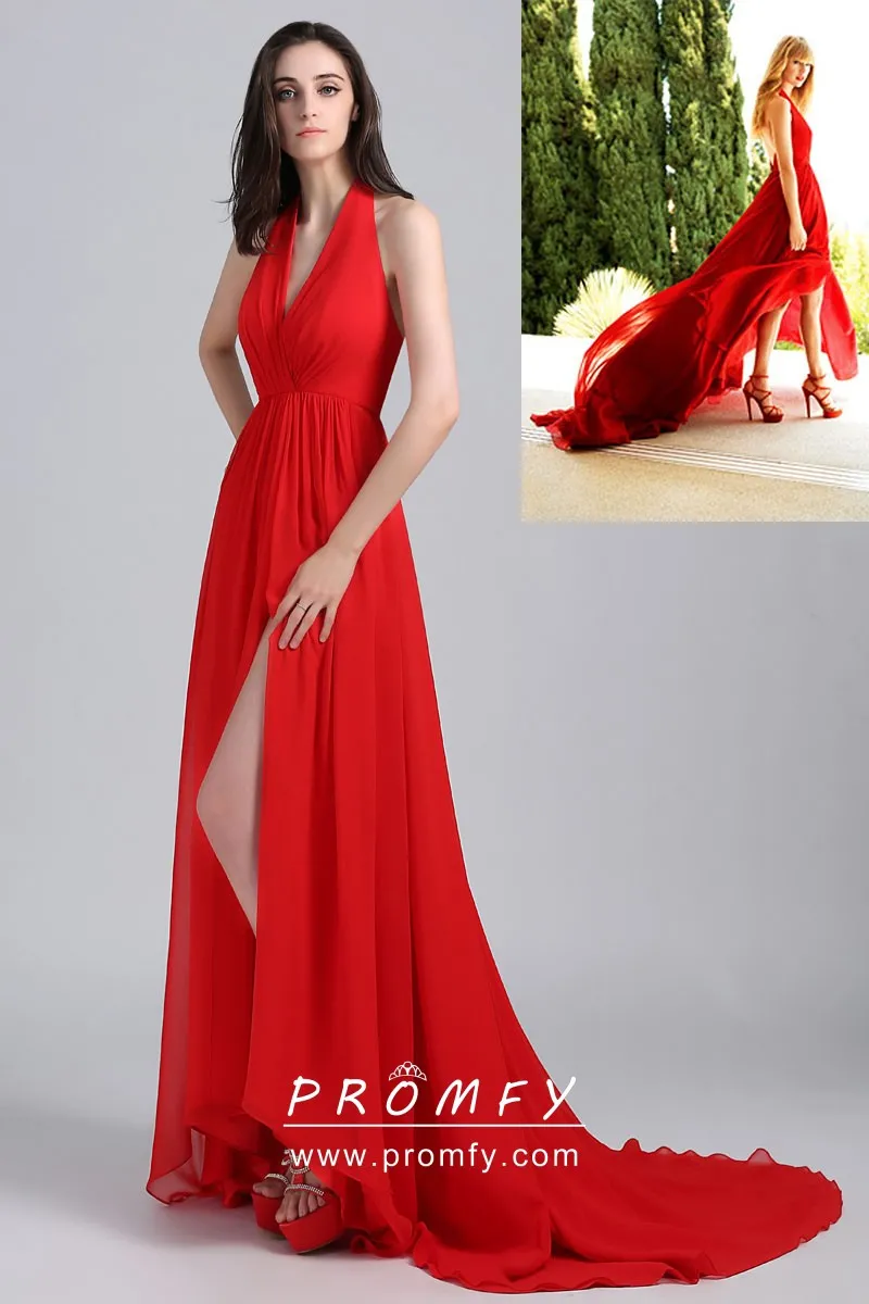 red chiffon halter neck backless celebrity formal dress red chiffon halter neck backless celebrity formal dress