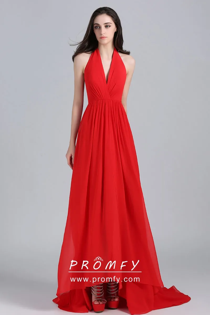 red chiffon halter neckline open back celebrity A line long formal dress red chiffon halter neckline open back celebrity A line long formal dress