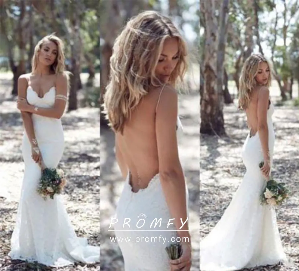 Off white Lace Open Back Wedding Dress with Spaghetti Straps and Court Train Off white Lace Open Back Wedding Dress with Spaghetti Straps and Court Train