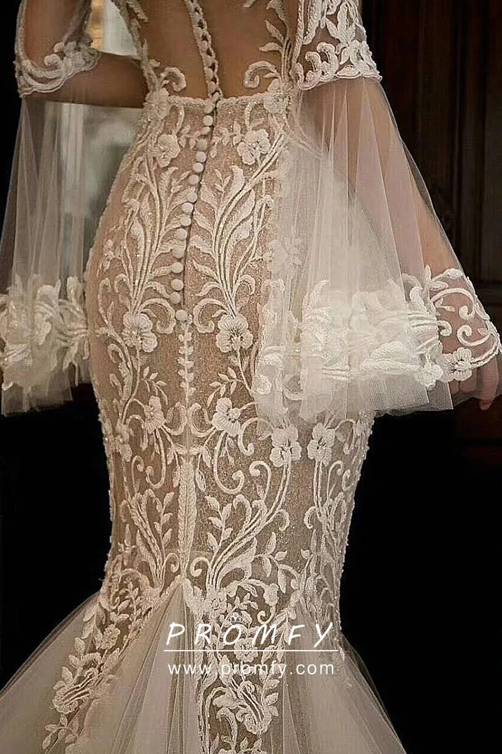 long bell sleeves lace and tulle wedding dress long bell sleeves lace and tulle wedding dress
