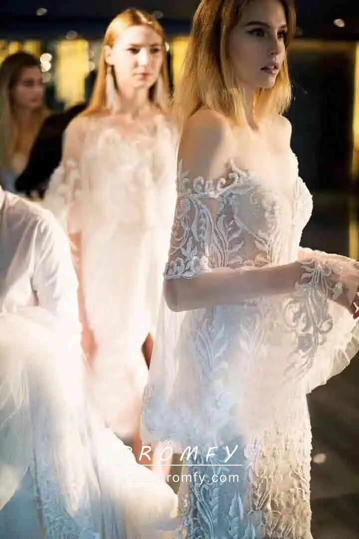 off shoulder bell sleeves ivory lace and tulle wedding dress off shoulder bell sleeves ivory lace and tulle wedding dress