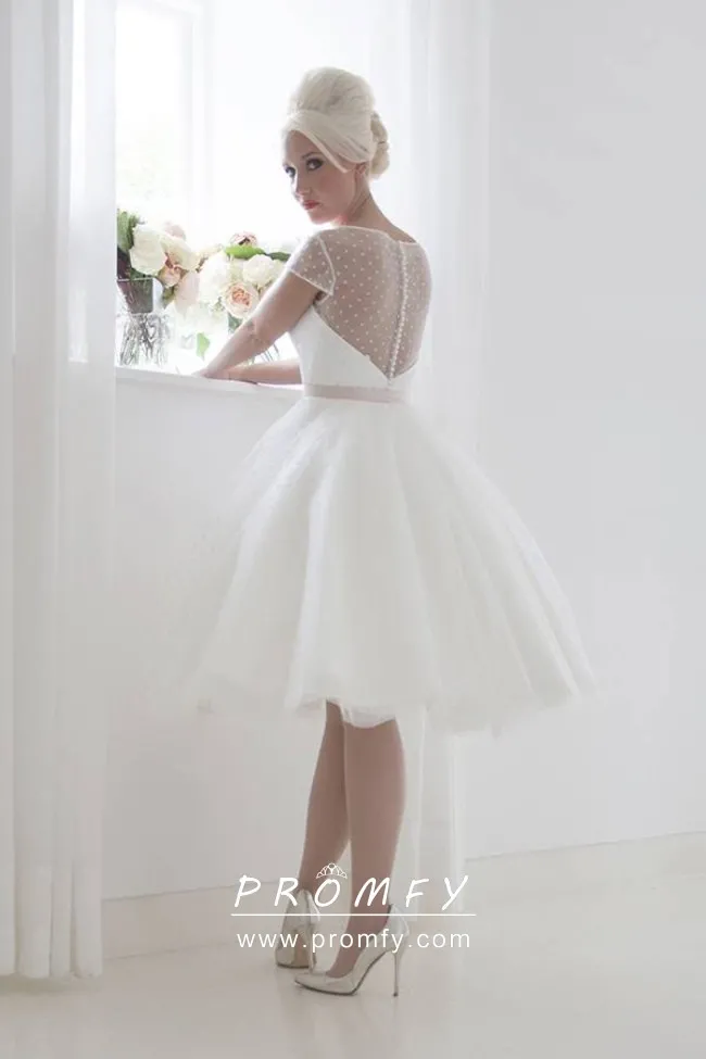 Exquisite spot tulle cap sleeve vintage knee length wedding dress Exquisite spot tulle cap sleeve vintage knee length wedding dress