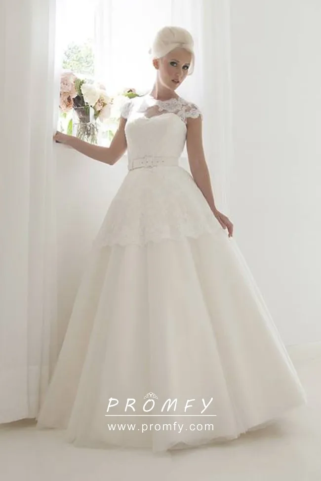 ivory lace and tulle illusion neckline traditional peplum ballgown wedding dress ivory lace and tulle illusion neckline traditional peplum ballgown wedding dress