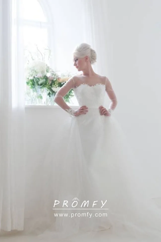 Sleek satin column long sleeve wedding dress with detachable tulle overskirt Sleek satin column long sleeve wedding dress with detachable tulle overskirt